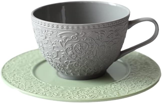 Sophisticated English Afternoon Tea Set, Good for Tea & Latte, Embossed Vintage Cup & Saucer in Slate Grey and Sage Green, 8.5oz Microwave & Dishwasher Safe Stoneware