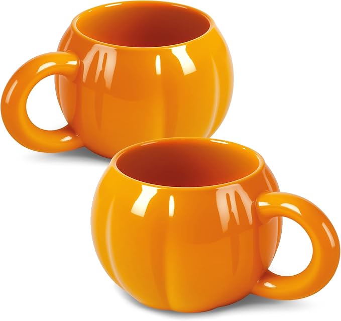 Orange Pumpkin Coffee Mugs Set of 2-17oz Orange Tea Mug with Handle | Microwave & Dishwasher Safe | Large Capacity & Wide Mouth | Cute Halloween & Fall Gift