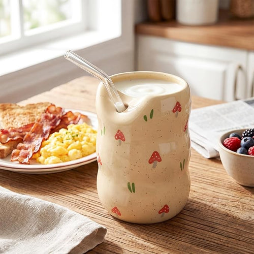 Ceramic Sip Mug 13.5oz Modern Coffee Cup Ceramic Coffee Mug with Sip Hole Elegant Pottery Cup with Timber Design for Kitchen Dining Tea Milk Birthday Gift for Women