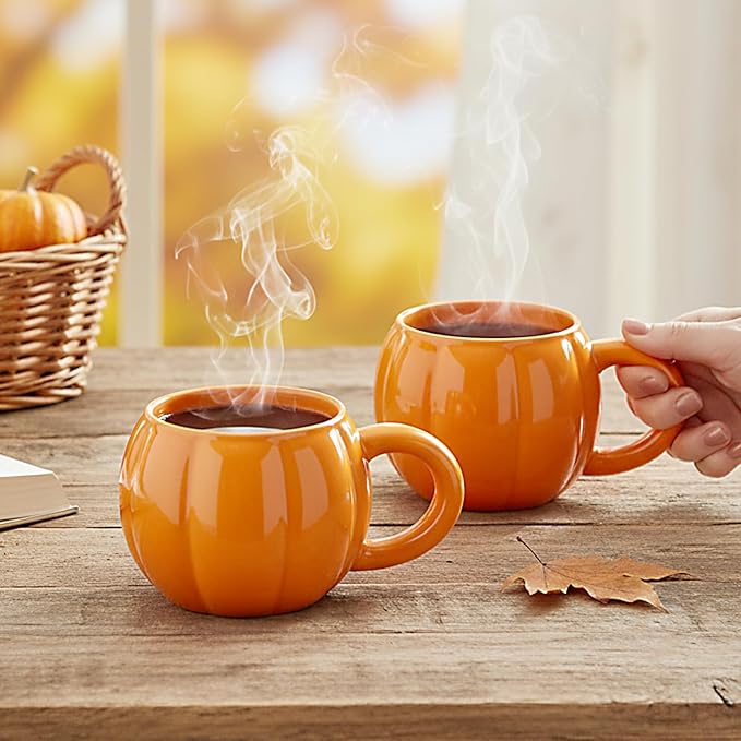 Orange Pumpkin Coffee Mugs Set of 2-17oz Orange Tea Mug with Handle | Microwave & Dishwasher Safe | Large Capacity & Wide Mouth | Cute Halloween & Fall Gift